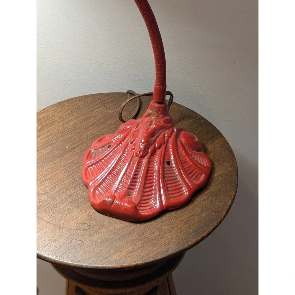 Vintage Art Deco Gooseneck Desk Lamp Cast Iron Shell Base Industrial Red 1920-30